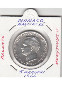 MONACO 5 Franchi 1966 Ranieri III Argento Bella conservazione KM#141